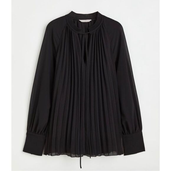 H&M Elegant Black Sheer Pleated Chiffon Long Sleeve Blouse Size Small Office - Picture 1 of 16